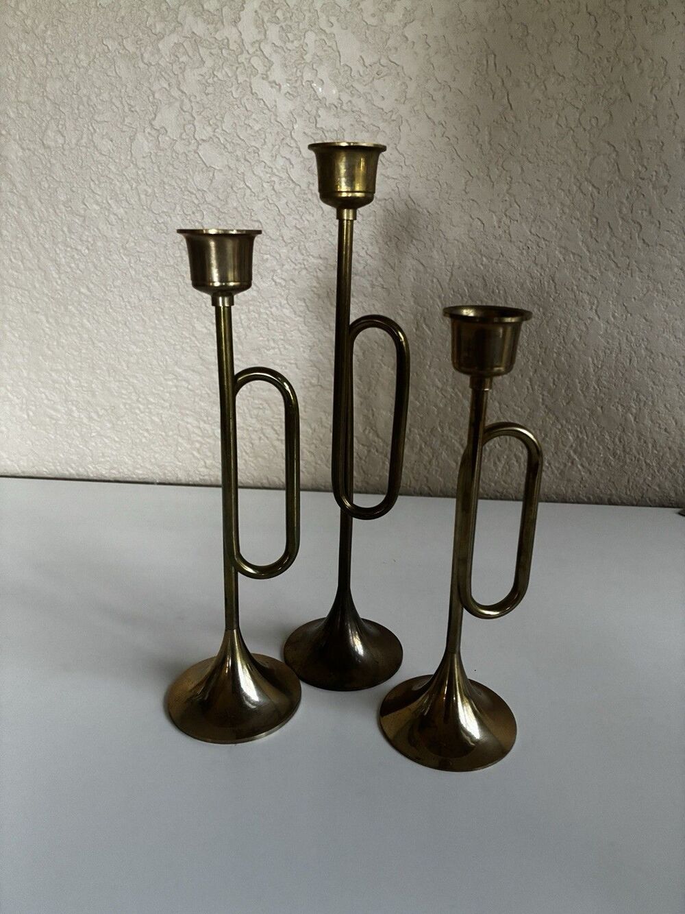 3 Vintage Brass Trumpet Bugle Horn Taper Votive Candle Holders Christmas Vietnam